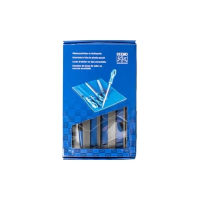 Abbildung von PFERD Werkstattfeilen Set in PVC Rolltasche mit Umkarton, 5 Feilen, Kreuzhieb H3, 250mm, 11801543 für die Feinbearbeitung und zum Schlichten geeignet