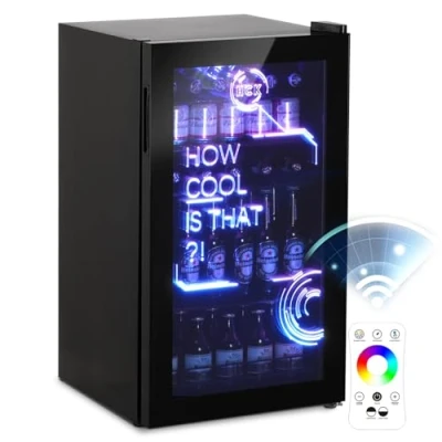 Abbildung von HCK 98L Getränkekühlschrank mit Cyberpunk Modern Beleuchtung, Minibar kleine Kühlschrank Glastür, lautlos 39dB, 0 15C, Bierkühlschrank für Zimmer, Party, Küche, Schwarz