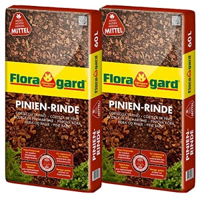 Abbildung von Floragard Mulch Pinienrinde 15 25 mm 2x60 L mittel dekorativer Bodenbelag unterdrückt Unkrautwuchs naturbelassen für mediterranes Flair 120