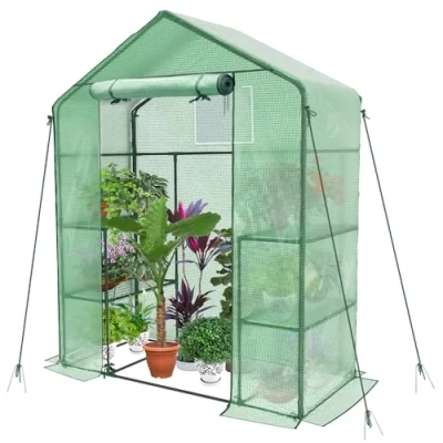 Abbildung von VOUNOT® Gewächshaus Foliengewächshaus, begehbares Gartenhäuschen mit 4 Regalebenen, Tomatenhaus Tomatengewächshaus, Grün 143x73x195cm