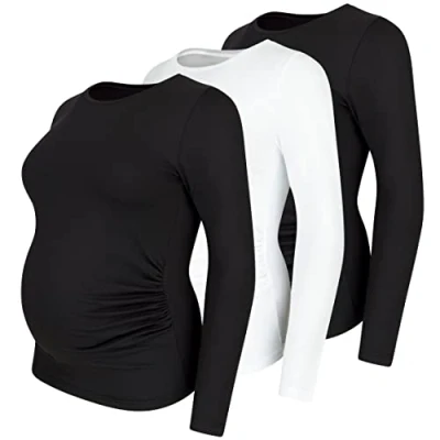 Abbildung von M.M.C. Umstandsshirt 3er Set unifarben Umstandsmode Schwangerschaft Schwangerschaftsshirt, Langarm (2 Schwarz, 1 Weiß, Small)