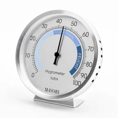 Abbildung von MAVORI Hygrometer analog aus Edelstahl präzise und stilvoll Ø 9,5cm, batteriefreier Betrieb (Bi Metall)