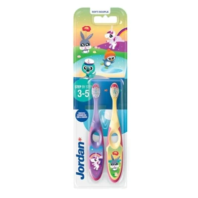Abbildung von Jordan ® Step 2 zahnbürste Kinder für 3 5 Jahre Weiche Borsten, doppelter ergonomischer Griff &amp; BPA frei Lila und Gelb Pack Einheiten