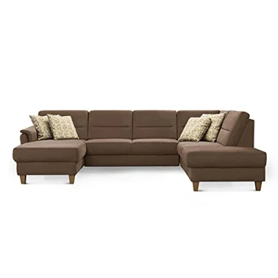 Abbildung von CAVADORE Wohnlandschaft Palera / U Form Sofa mit Schlaffunktion, Stauraum und Federkern 314 x 89 212 Mikrofaser, Hellbraun