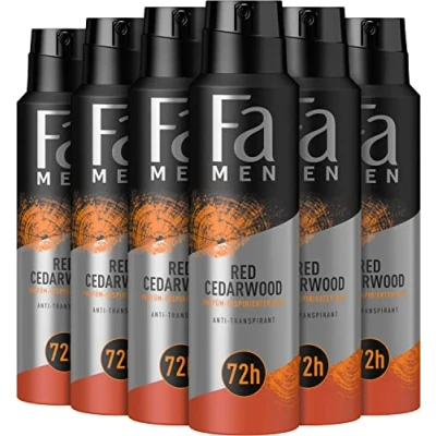 Abbildung von Fa Men Deospray Red Cedarwood (6 x 150 ml), Anti Transpirant mit kraftvollem Duft von Zedernholz und Whiskey, Deo ohne Aluminium für bis zu 48 h Schutz