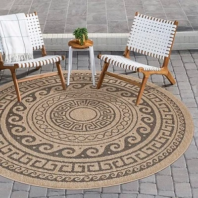 Abbildung von Carpettex Outdoorteppich Vintage Design, Rund, Höhe: 5 mm, Runder Teppich Design Naturfarben für Terrassen Küchen Balkon