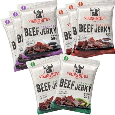 Abbildung von Viking Bites Beef Jerky Mischkarton 400g (8 x 50g) 3x Barbecue, Teriyaki, 2x Jalapeno Getrocknetes Rindfleisch Fleischsnack mit hohem Proteingehalt
