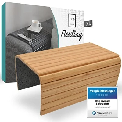 Abbildung von D&amp;D Living Sofatablett Couch Ablage flexibel für Armlehne aus natürlichem Holz Tablett Sofa, Bambus Natur (XL)