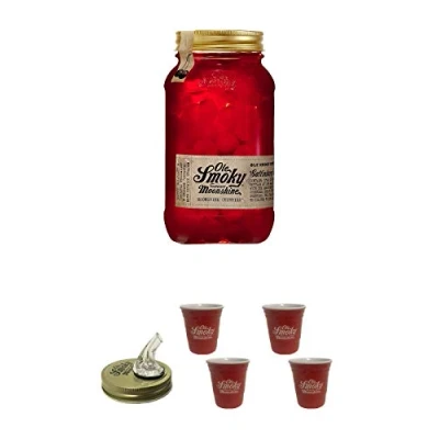 Abbildung von Ole Smoky Moonshine Cherries (100 proof) Kirschen im 0,5 Liter Glas + Ausgiesser Shot Becher rot 2 Stück