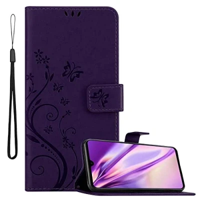 Abbildung von Cadorabo Hülle kompatibel mit Huawei Mate 20 Blumen Design aus Premium Kunst Leder Flip Klappbare Stoßfeste Magnetische [Standfunktion] [Kartenfächern] Cover für Tasche in Lila