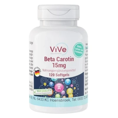 Abbildung von Beta Carotin 15 mg 120 Softgels 2,5 Retinoläquivalent (RAE) / 5000 I.E. Vitamin A, 4 Monats Versorgung Qualität aus Deutschland von ViVe Supplements