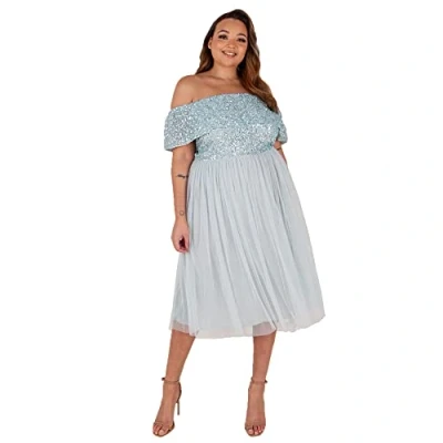 Abbildung von Maya Deluxe Damen Bardot Embellished Midi Bridesmaid Dress, Ice Blue, Gr. 38 EU