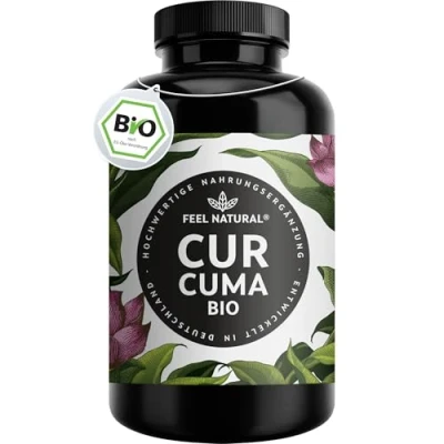 Abbildung von Bio Curcuma (Kurkuma) Kapseln 240 Stück 4350mg und schwarzer Pfeffer je Tagesdosis Laborgeprüft. Ohne Magnesiumstearat. Vegan, in Deutschland produziert