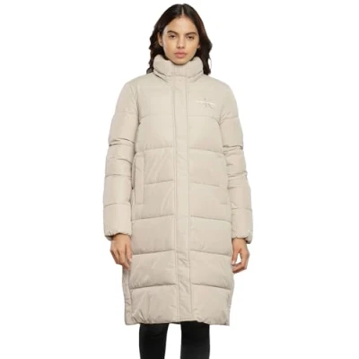 Abbildung von Calvin Klein Jeans Damen Mantel Monologo Non Down Long Puffer Winter, Beige (Plaza Taupe), XS