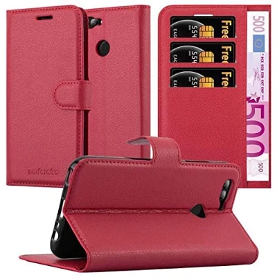 Abbildung von Cadorabo Hülle kompatibel mit Huawei NOVA 2 Handyhülle aus Premium Kunst Leder Flip Klappbare Stoßfeste Magnetische [Standfunktion] [Kartenfächern] Cover für Tasche in Rot