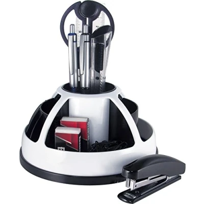 Abbildung von Pavo 8000173 Desk Organizor Schreibtisch Set/Stiftehalter mit Rotation, inklusiv 9 teiligem Zubehör, weiß/schwarz