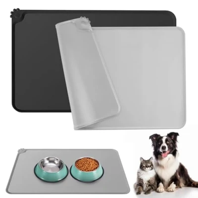 Abbildung von Domkan 2 Napfunterlage Katzen Hund, Hundenapf Unterlage 48x30cm, Silikon rutschfeste Futtermatte Katzen, wasserdichte mit Rand, Schwarz und Grau