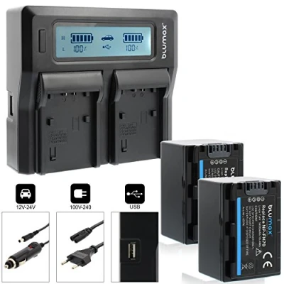 Abbildung von Blumax 2X Akku NP FH70 1400mAh + Doppelladegerät Dual Charger passend zu diversen Sony Kameramodellen 2 Akkus gleichzeitig Laden