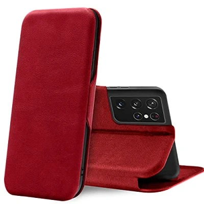 Abbildung von Verco Handyhülle für Samsung S21 Ultra, Bookstyle Premium Handy Flip Cover Galaxy Ultra Hülle [integr. Magnet] Book Case PU Leder Tasche, Rot