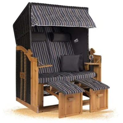 Abbildung von Strandkorb Hanse Ostsee Anthrazit blau braun weiß gestreift, BxTxH: 120x80x160 cm, Volllieger, Modell, Stabiles Wacholder mit handgefertigtem Polyrattangeflecht