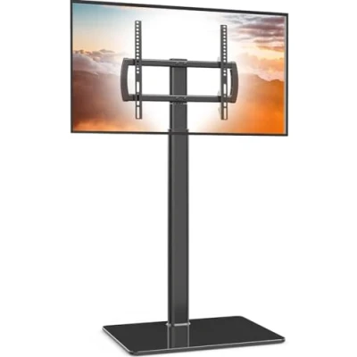 Abbildung von Universal Stand TV Ständer mit Standfuß 80 Grad schwenkbar, höhenverstellbar, platzsparendes Design für 27 bis 55 Zoll LCD, LED OLED TVs, ideal Ecken und Schlafzimmer HT1002B