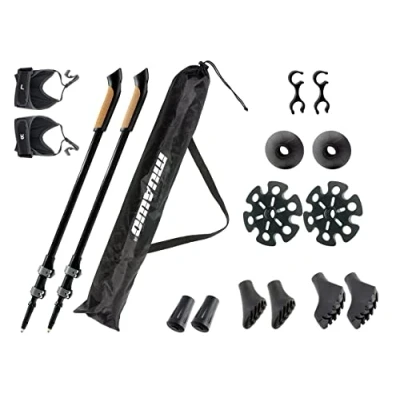 Abbildung von Muawo Nordic Walking Stöcke Premium Carbon verstellbar Teleskopstock mit Clickverschluss (praktischer Beutel, Vollständiges Set allen Aufsätzen), federleicht und ultrarobust, Carbon, verstellbar, ergonomisch