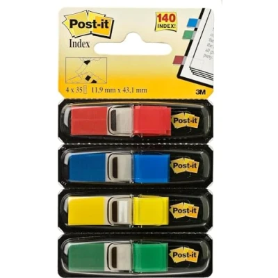 Abbildung von Post it Index Flags schmal, Packung mit 4 Spendern, 35 Blatt pro Spender, 11, 9 mm x 43, 2 mm, Gelb, Rot, Grün, Blau Zum Markieren, Hervorheben oder Farbcodieren wichtiger Informationen