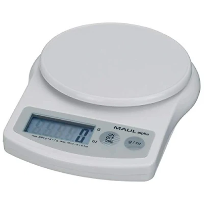 Abbildung von MAUL Briefwaage MAULalpha 18,8 x 14,1 3,7 cm Stabile Waage bis 5kg Große Wiegefläche Ø 12,4 Automatische Nullstellung und Abschaltautomatik Inklusive Batterien Weiß