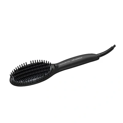 Abbildung von Rowenta x Karl Lagerfeld CF582L Glättbürste für alle Haartypen einfaches und schnelles Glätten haarschonend Keramikbeschichtung Ionen Funktion Schwarz/Rot