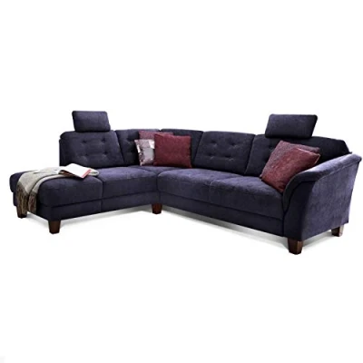 Abbildung von Cavadore Ecksofa Trond mit Ottomane links / Federkern Sofa im Landhausstil 2 Kopfstützen und Vorziehsitz Bettkasten 260 x 89 214 Webstoff dunkelblau
