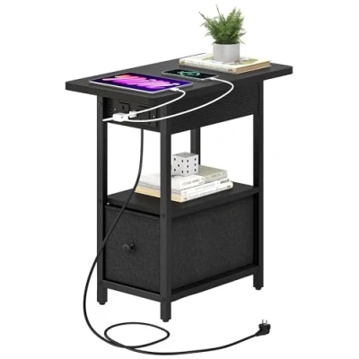 Abbildung von YITAHOME Beistelltisch Schwarz Holz, Beistelltische Schmal Couch mit Schublade Flip Top Nachttisch Steckdose Couchtisch Stauraum Klein Nachtschrank für Wohnzimmer, Schlafzimmer, Arbeitszimmer
