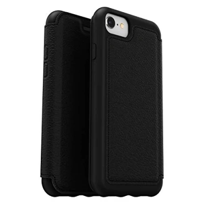 Abbildung von OtterBox Strada Hülle für iPhone 7/8/SE 2. gen/SE 3. gen, stoßfest, sturzsicher,Premium Lederfolio mit zwei Kartenhaltern, 3x getestet nach Militärstandard, Schwarz, Keine Einzelhandelsverpackung
