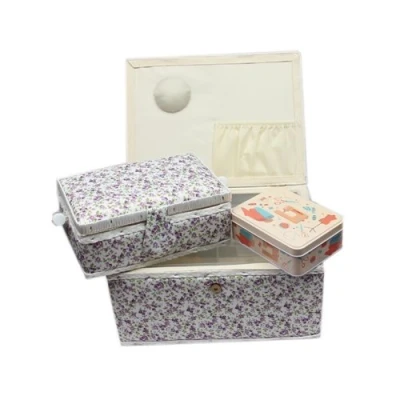 Abbildung von Ackermann Nähkorb Set mit Tragegriff (1x groß und 1x mittel) + kleine Accessoires Box aus Metall (mit Zubehör), Marke Nähschatulle Nähkästchen Nähkasten (Blumenmuster (lila))