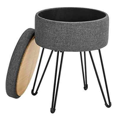 Abbildung von SONGMICS Sitzhocker, runder Hocker mit Stauraum, Aufbewahrungsbox Deckel, Schminkhocker, 39 x 44,1 cm (Ø H), Metallbeine, gepolsterter Sitz, Wohnzimmer, Schlafzimmer, schiefergrau LOM002G01