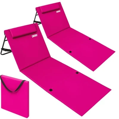 Abbildung von DETEX® 2X Strandliege klappbar leicht tragbar Rückenlehne UV beständig Tasche Reißverschluss Kissen Tragegurt Garten Camping Picknick Strandmatte Pink
