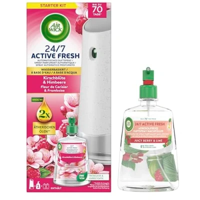 Abbildung von Air Wick Active Fresh Wasserbasiertes Automatisches Duftspray Starter Set inklusive Nachfüller 1x228ml Kirschblüte &amp; Himbeere 1x 228ml Juicy Berry Lime