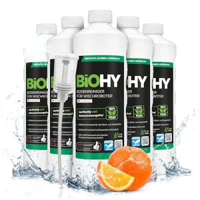 Abbildung von BiOHY Bodenreiniger für alle Wischroboter mit Orangenduft (6 x 1 Liter) + Dosierer Schaumarm &amp; Streifenfrei Reinigungsmittel Konzentrat Böden