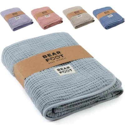Abbildung von Babydecke Musselin Fleecedecke flauschig weich grau, BEARFOOT, flauschige Kuscheldecke, Baby, Neugeborene, Geschenk Junge &amp; Mädchen