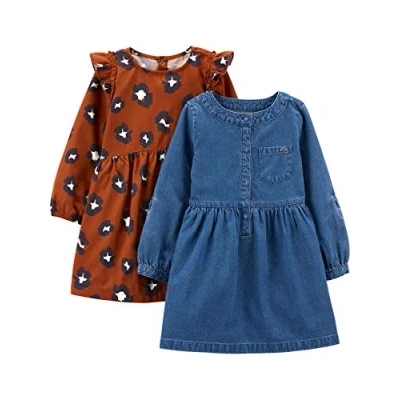 Abbildung von Simple Joys by Carter&#039;s Baby Mädchen 2 Pack Long Sleeve Dress Set Lässiges Kleid, Chambray/Gepard, 18 Monate (2er Pack)