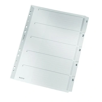 Abbildung von Leitz Register für A4, Deckblatt und 5 Trennblätter, Taben mit Zahlenaufdruck 1 5, Lochrand bunte folienverstärkt (Mylar), Grau, Karton, 43230000