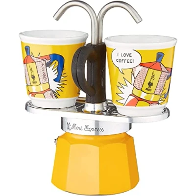 Abbildung von Bialetti Mini Express Gelb Kaffeekanne + 2 Becher