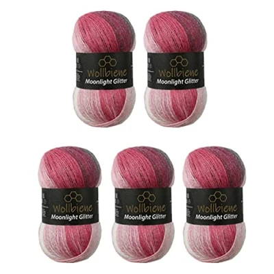 Abbildung von Moonlight Glitter Batik Simli 5 x 100g Strickwolle 500 Gramm Wolle zum Stricken und Häkeln 20% Metallic türkische Farbverlaufswolle Glitzerwolle (5100 grau beere weiß)