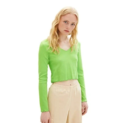 Abbildung von TOM Tailor Denim Cropped Langarmshirt, Damen, Größe: Large, Liquid lime green