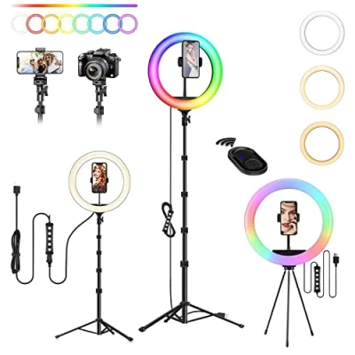 Abbildung von Ringlicht mit Stativ Handy, 10 Zoll Ringleuchte 3 Tageslicht +47 RGB Modi Selfie Led Ring Light with Tripod Höhe 160 cm Dimmbare Ringlampe für YouTube, Selfie, Makeup, Tik Tok