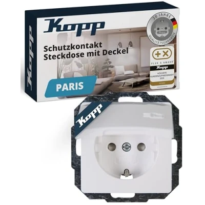 Abbildung von Kopp Paris Schutzkontakt Steckdose mit Deckel, 1 fach, Berührungsschutz, 16A, 250V , IP20, arktis weiß, 920802069