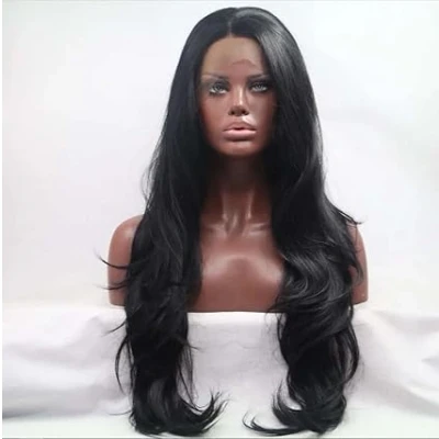 Abbildung von Schwarze gewellte synthetische Lace Front Perücke, gewellt, Narutalhaar für Damen, hitzebeständig, Cosplay Party 66 cm (schwarze Farbe)