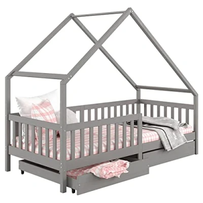 Abbildung von IDIMEX Hausbett ALVA Montessori aus massiver Kiefer, Kinderbett mit Dach, Tipibett Schubladen in grau