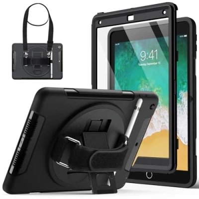 Abbildung von JETech Hülle für iPad 9,7 Zoll (6./5. Generation, 2018/2017) mit Eingebaut Schutzfolie, Stoßfest Robust Tablet Abdeckung Schutzhülle, 360 Grad Drehbarer Handschlaufe Ständer (Schwarz)