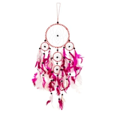 Abbildung von 50cm x 11cm Dreamcatcher Traumfänger Rot Weiß Pinke Federn 5 Ringe Gute Träume