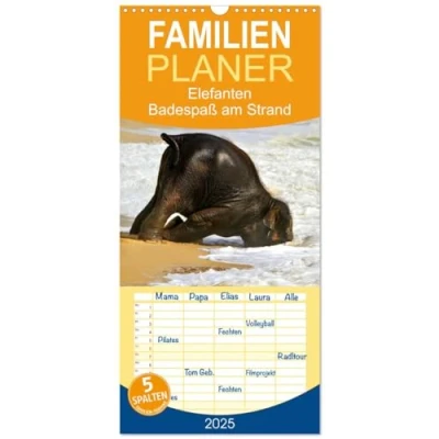 Abbildung von Familienplaner 2025 Elefanten. Badespaß am Strand mit 5 Spalten (Wandkalender, 21 cm x 45 cm), CALVENDO